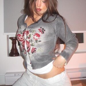 Gray Floral Embroidered Button Cardigan